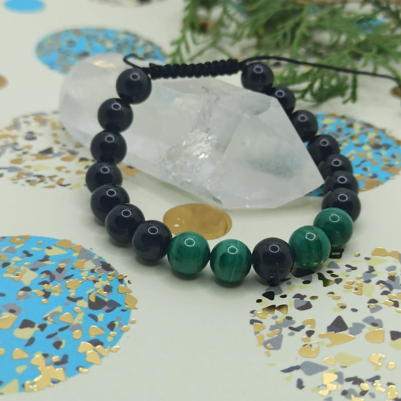 Fashion, accesorii si bijuterii - Barbati - Bijuterii barbati - Bratari barbati - Bratara cu snur barbati, Ziva, din pietre semipretioase de obsidian si malachit, margele de 8mm - Infinity.ro