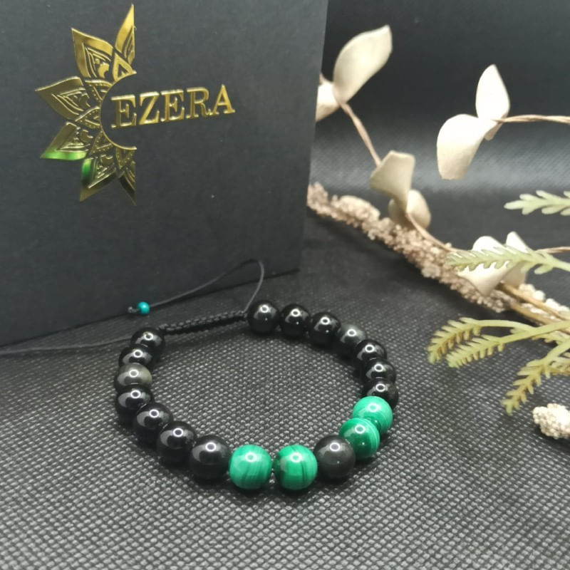 Fashion, accesorii si bijuterii - Barbati - Bijuterii barbati - Bratari barbati - Bratara cu snur barbati, Ziva, din pietre semipretioase de obsidian si malachit, margele de 8mm - Infinity.ro