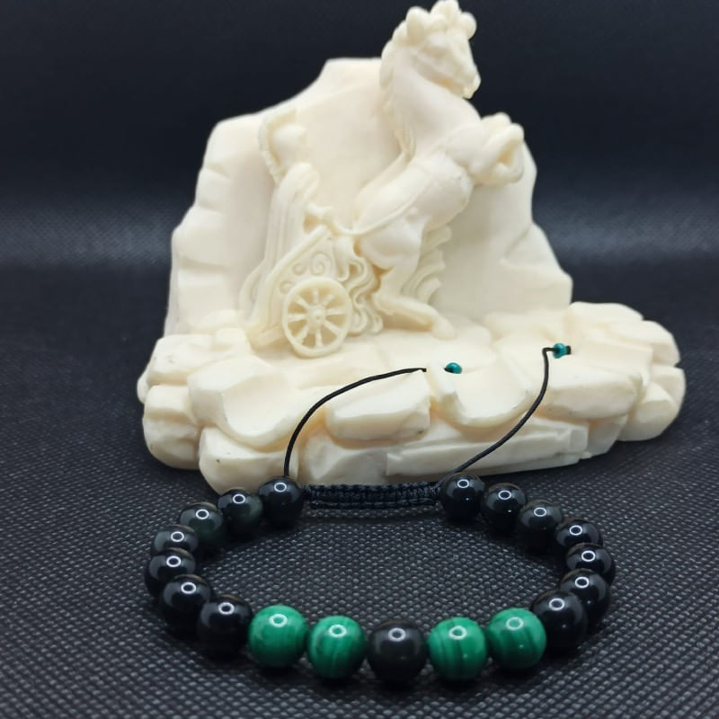 Fashion, accesorii si bijuterii - Barbati - Bijuterii barbati - Bratari barbati - Bratara cu snur barbati, Ziva, din pietre semipretioase de obsidian si malachit, margele de 8mm - Infinity.ro