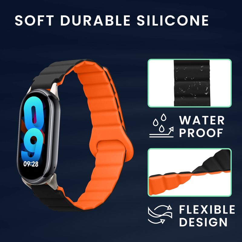 Laptop, Telefoane si Tablete - Wearables si gadgeturi - Wearables - Accesorii wearables - Curea Kwmobile pentru Xiaomi Smart Band 10, Smart Band 9, Smart Band 8, inchidere magnetica, silicon, negru, portocaliu - Infinity.ro