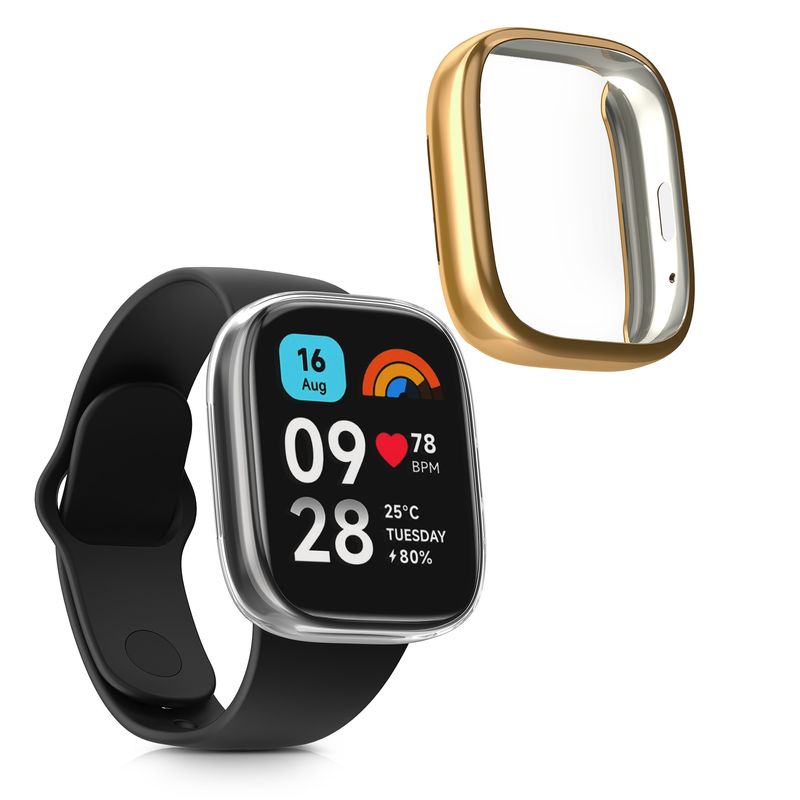 Laptop, Telefoane si Tablete - Wearables si gadgeturi - Wearables - Accesorii wearables - Set 2 huse smartwatch Kwmobile pentru Xiaomi Redmi Watch 3 Active, antizgarieturi, flexibil, silicon, transparent, auriu - Infinity.ro