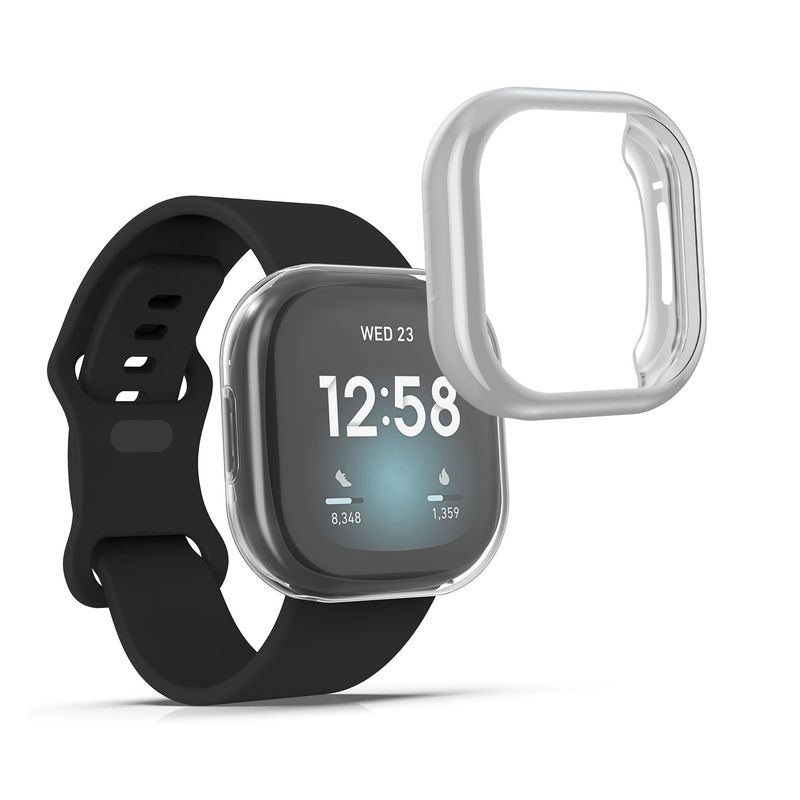 Laptop, Telefoane si Tablete - Wearables si gadgeturi - Wearables - Accesorii wearables - Set 2 huse smartwatch Kwmobile pentru Fitbit Versa 3, Sense, antizgarieturi, flexibil, silicon, transparent, argintiu - Infinity.ro