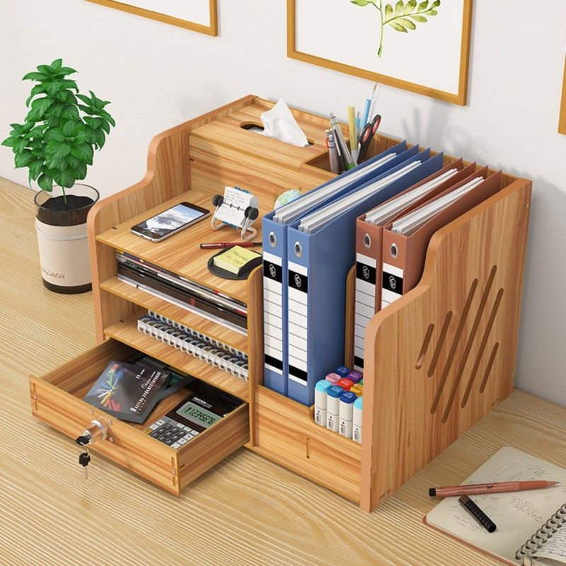 Carti si Birotica - Birotica - Accesorii de birou - Bibliorafturi - Organizator birou din lemn, 9 compartimente, organizator documente A4, bibliorafturi si accesorii, maro deschis - Infinity.ro