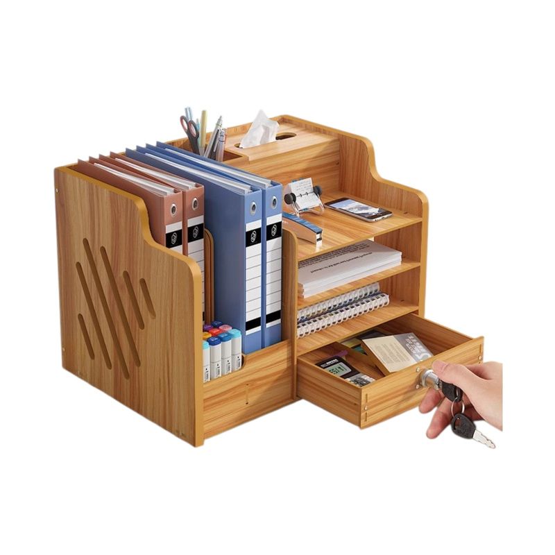 Carti si Birotica - Birotica - Accesorii de birou - Bibliorafturi - Organizator birou din lemn, 9 compartimente, organizator documente A4, bibliorafturi si accesorii, maro deschis - Infinity.ro