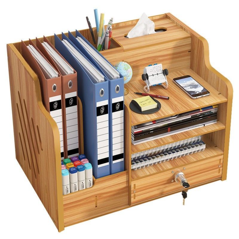 Carti si Birotica - Birotica - Accesorii de birou - Bibliorafturi - Organizator birou din lemn, 9 compartimente, organizator documente A4, bibliorafturi si accesorii, maro deschis - Infinity.ro