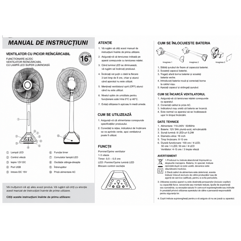 Electronice si Electrocasnice - Climatizare si sisteme de incalzire - Aparate racire aer - Ventilatoare - Ventilator cu Picior Reincarcabil AC/DC 16", 48W, Acumulator 12V 5Ah, LED Integrat, Telecomanda, USB si Timer - Infinity.ro