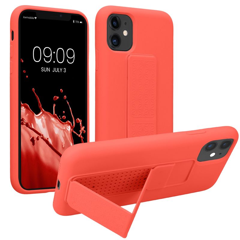 Laptop, Telefoane si Tablete - Telefoane mobile si accesorii - Accesorii Telefoane - Huse telefoane - Husa Kwmobile pentru iPhone 11, functie stand, silicon, roz, curea de mana - Infinity.ro