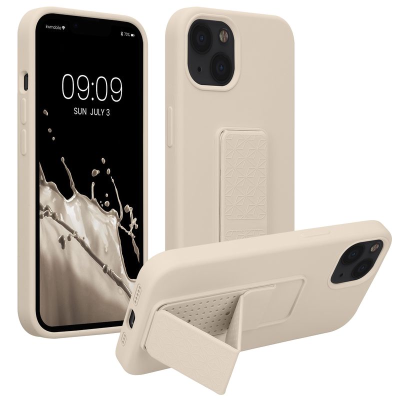 Laptop, Telefoane si Tablete - Telefoane mobile si accesorii - Accesorii Telefoane - Huse telefoane - Husa Kwmobile pentru iPhone 13, functie stand, silicon, bej, curea de mana - Infinity.ro