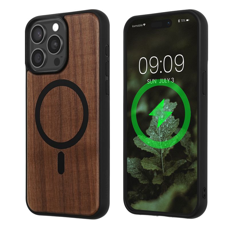Laptop, Telefoane si Tablete - Telefoane mobile si accesorii - Accesorii Telefoane - Huse telefoane - Husa Kwmobile pentru iPhone 15 Pro Max, compatibilitate MagSafe, lemn, TPU, maro, negru - Infinity.ro