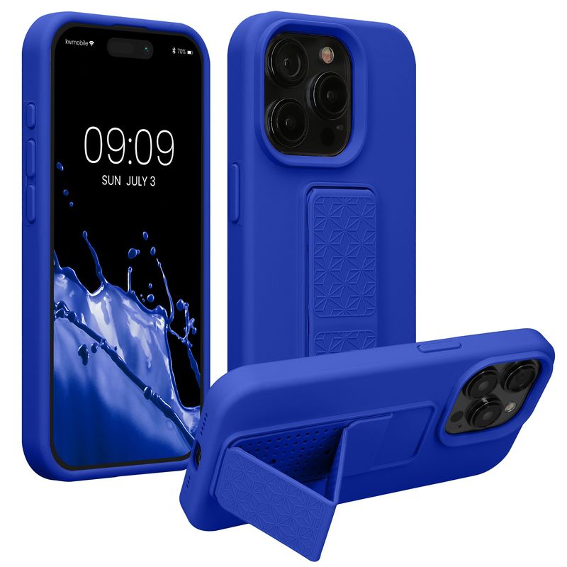 Laptop, Telefoane si Tablete - Telefoane mobile si accesorii - Accesorii Telefoane - Huse telefoane - Husa Kwmobile pentru iPhone 15 Pro, functie stand, silicon, albastru - Infinity.ro