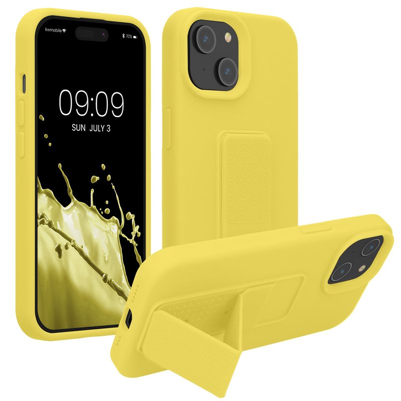 Laptop, Telefoane si Tablete - Telefoane mobile si accesorii - Accesorii Telefoane - Huse telefoane - Husa Kwmobile pentru iPhone 15, functie stand, silicon, galben - Infinity.ro