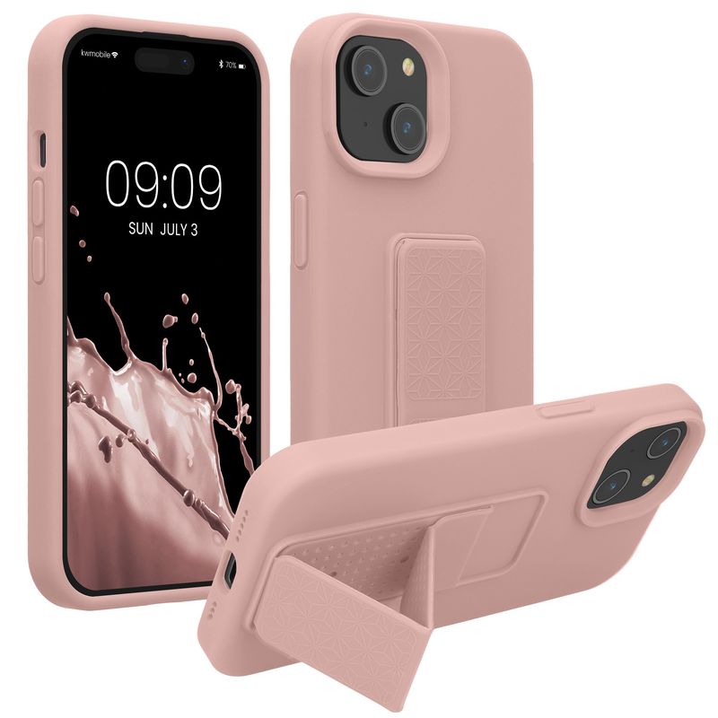 Laptop, Telefoane si Tablete - Telefoane mobile si accesorii - Accesorii Telefoane - Huse telefoane - Husa Kwmobile pentru iPhone 15, functie stand, silicon, roz, curea de mana - Infinity.ro