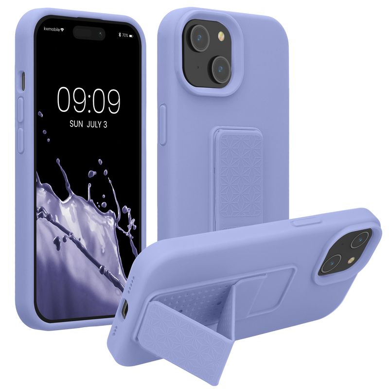 Laptop, Telefoane si Tablete - Telefoane mobile si accesorii - Accesorii Telefoane - Huse telefoane - Husa Kwmobile pentru iPhone 15, functie stand, silicon, mov, curea de mana - Infinity.ro