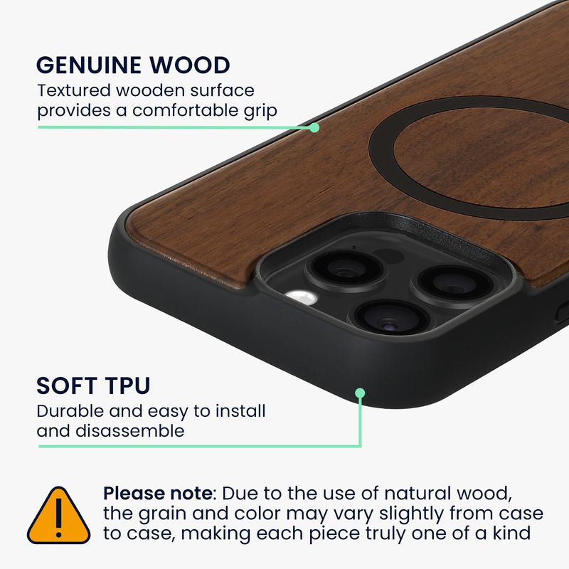 Laptop, Telefoane si Tablete - Telefoane mobile si accesorii - Accesorii Telefoane - Huse telefoane - Husa Kwmobile pentru iPhone 16 Pro Max, compatibilitate MagSafe, lemn, TPU, maro, negru - Infinity.ro