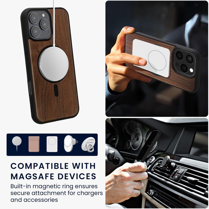 Laptop, Telefoane si Tablete - Telefoane mobile si accesorii - Accesorii Telefoane - Huse telefoane - Husa Kwmobile pentru iPhone 16 Pro Max, compatibilitate MagSafe, lemn, TPU, maro, negru - Infinity.ro