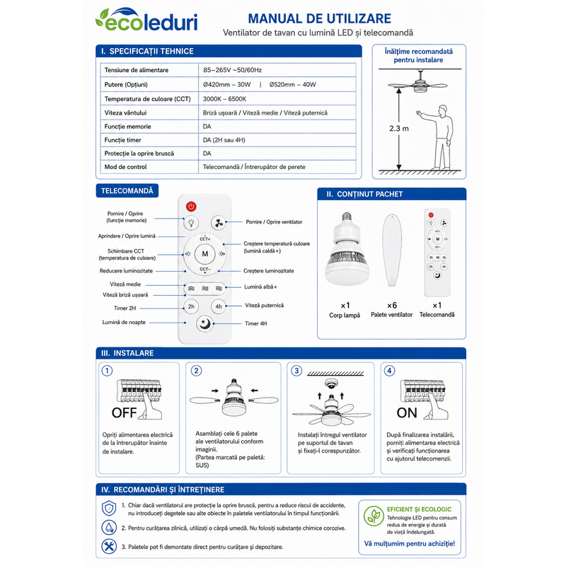 Electronice si Electrocasnice - Climatizare si sisteme de incalzire - Aparate racire aer - Ventilatoare - Ventilator de Tavan Inteligent cu Lumina LED si Telecomanda - Infinity.ro