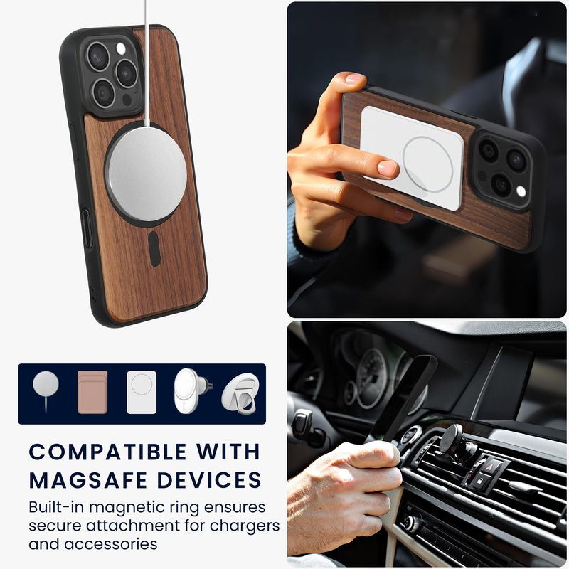 Laptop, Telefoane si Tablete - Telefoane mobile si accesorii - Accesorii Telefoane - Huse telefoane - Husa Kwmobile pentru iPhone 16 Pro, compatibilitate MagSafe, lemn, TPU, maro, negru - Infinity.ro
