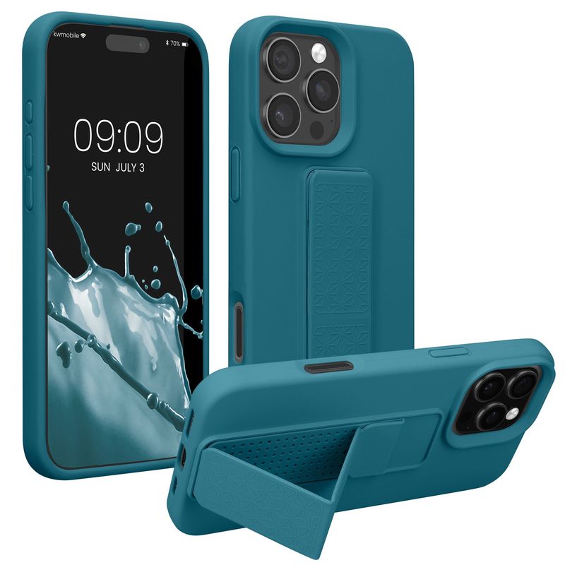 Laptop, Telefoane si Tablete - Telefoane mobile si accesorii - Accesorii Telefoane - Huse telefoane - Husa Kwmobile pentru iPhone 16 Pro, functie stand, curea de mana, silicon, albastru - Infinity.ro