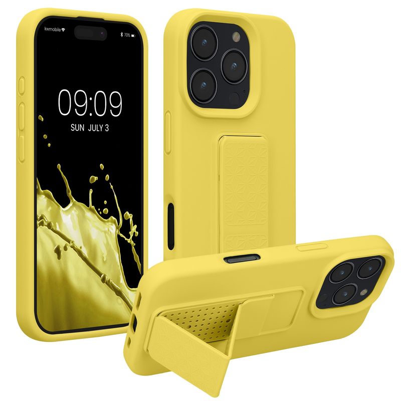 Laptop, Telefoane si Tablete - Telefoane mobile si accesorii - Accesorii Telefoane - Huse telefoane - Husa Kwmobile pentru iPhone 16 Pro, functie stand, silicon, galben - Infinity.ro