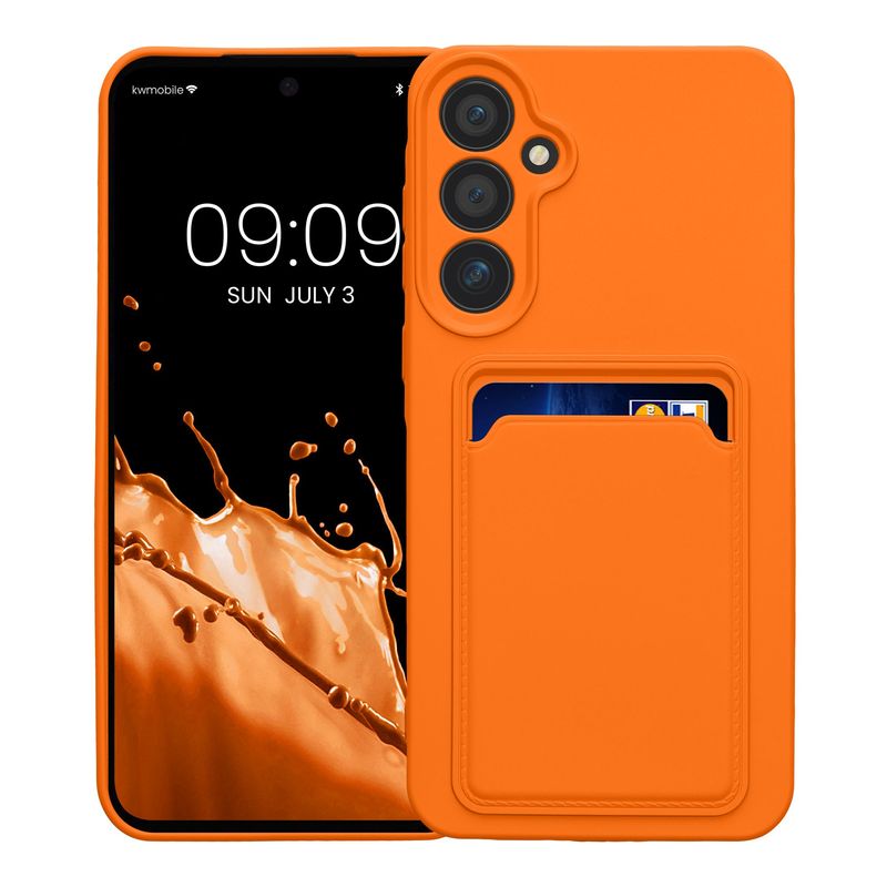 Laptop, Telefoane si Tablete - Telefoane mobile si accesorii - Accesorii Telefoane - Huse telefoane - Husa Kwmobile pentru Samsung Galaxy A55 5G, incarcare wireless, buzunar card, silicon, portocaliu - Infinity.ro