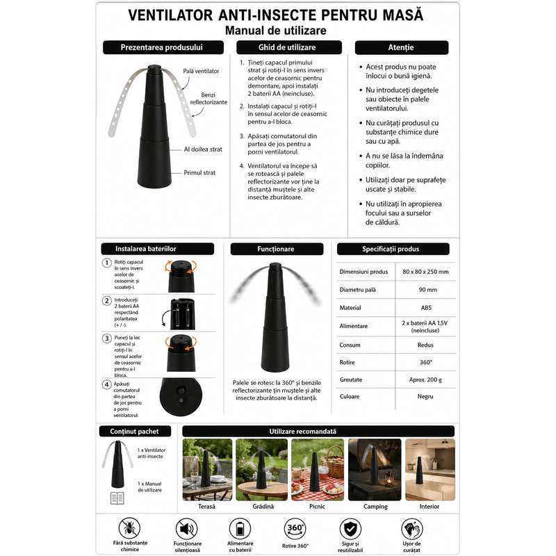 Market - Curatenie si intretinere casa - Produse menaj - Insecticide si capcane - Ventilator Anti-Insecte pentru Masa - Fly Repellent Fan - Infinity.ro