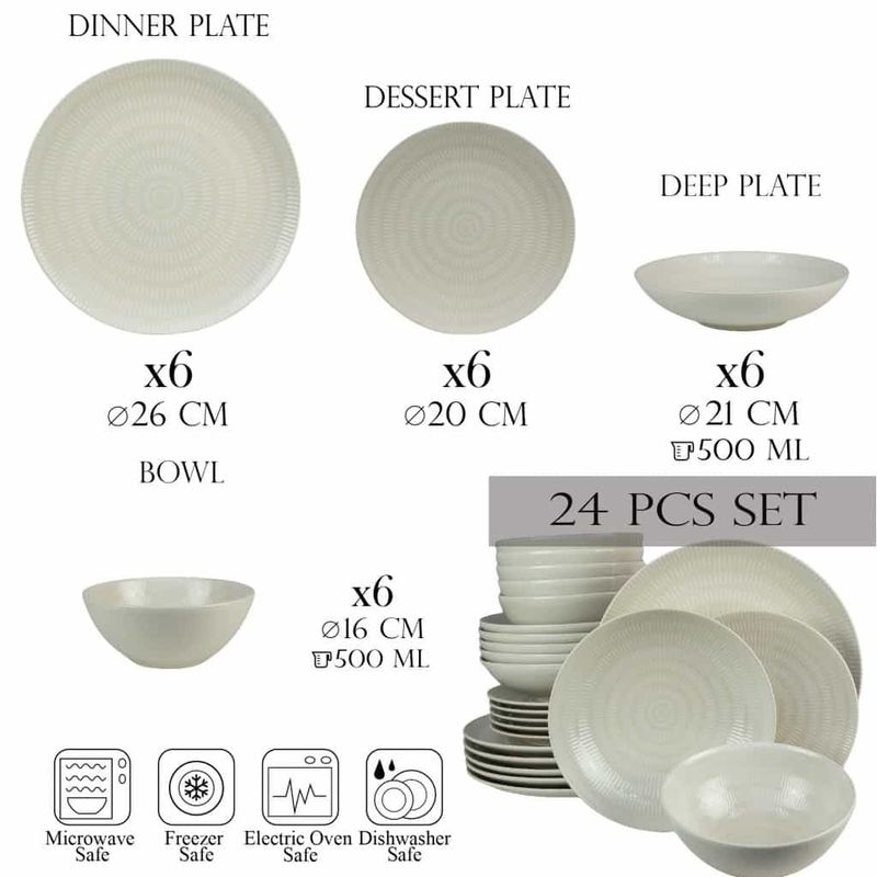 Casa si Gradina - Bucatarie si vesela - Vesela si tacamuri - Servicii de masa - Set farfurii 24 piese, pentru 6 persoane, Ivory, Cesiro,  Alb Ivoire cu linii - Infinity.ro