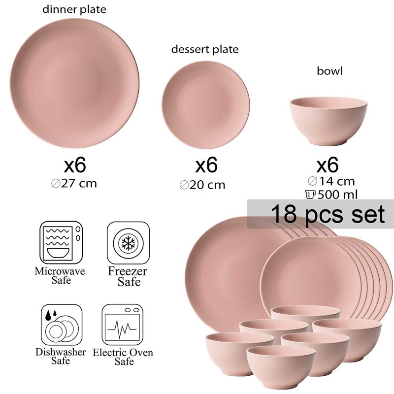 Casa si Gradina - Bucatarie si vesela - Vesela si tacamuri - Servicii de masa - Set farfurii 18 piese, pentru 6 persoane, Pastel Pink, Cesiro, Roz Lucios - Infinity.ro
