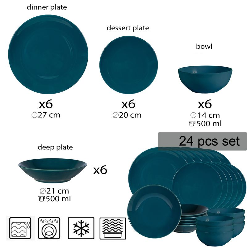 Casa si Gradina - Bucatarie si vesela - Vesela si tacamuri - Servicii de masa - Set farfurii 24 piese, pentru 6 persoane, Lagoon, Cesiro, Turcoaz Inchis - Infinity.ro