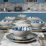 Casa si Gradina - Bucatarie si vesela - Vesela si tacamuri - Servicii de masa - Set farfurii 18 piese, pentru 6 persoane, Hawaii, Cesiro, Alb Ivoire decorat cu frunze albastru inchis - Infinity.ro