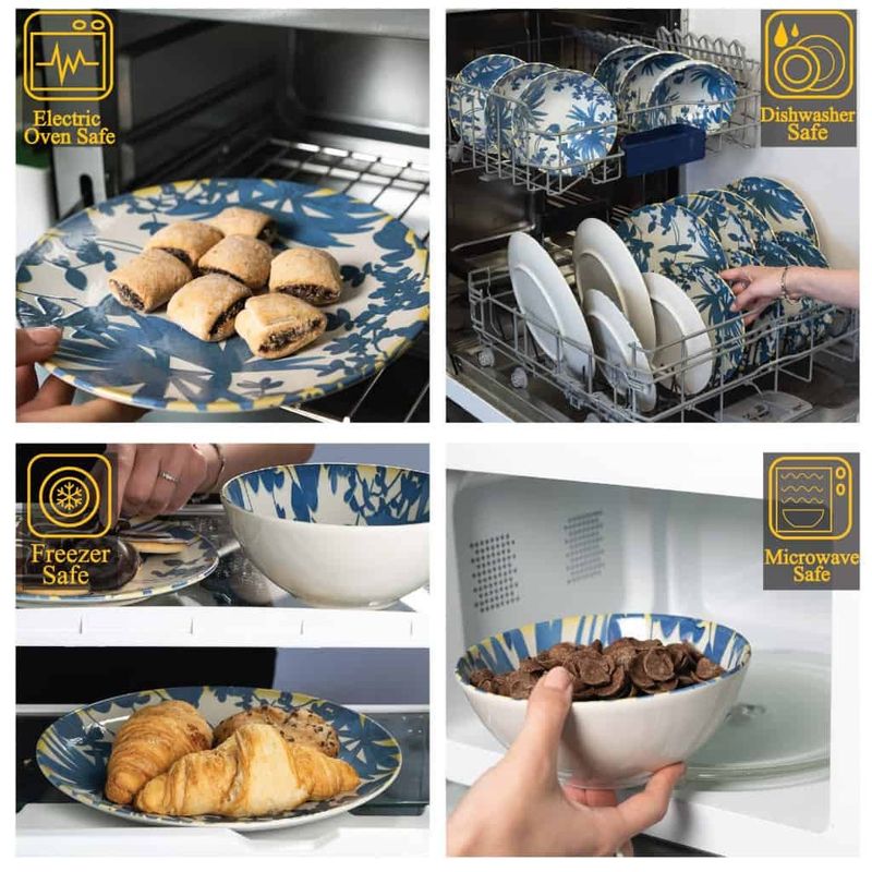 Casa si Gradina - Bucatarie si vesela - Vesela si tacamuri - Servicii de masa - Set farfurii 18 piese, pentru 6 persoane, Hawaii, Cesiro, Alb Ivoire decorat cu frunze albastru inchis - Infinity.ro