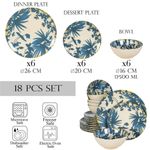 Casa si Gradina - Bucatarie si vesela - Vesela si tacamuri - Servicii de masa - Set farfurii 18 piese, pentru 6 persoane, Hawaii, Cesiro, Alb Ivoire decorat cu frunze albastru inchis - Infinity.ro