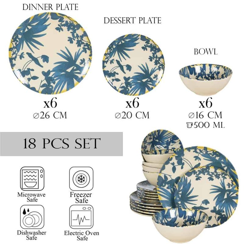 Casa si Gradina - Bucatarie si vesela - Vesela si tacamuri - Servicii de masa - Set farfurii 18 piese, pentru 6 persoane, Hawaii, Cesiro, Alb Ivoire decorat cu frunze albastru inchis - Infinity.ro