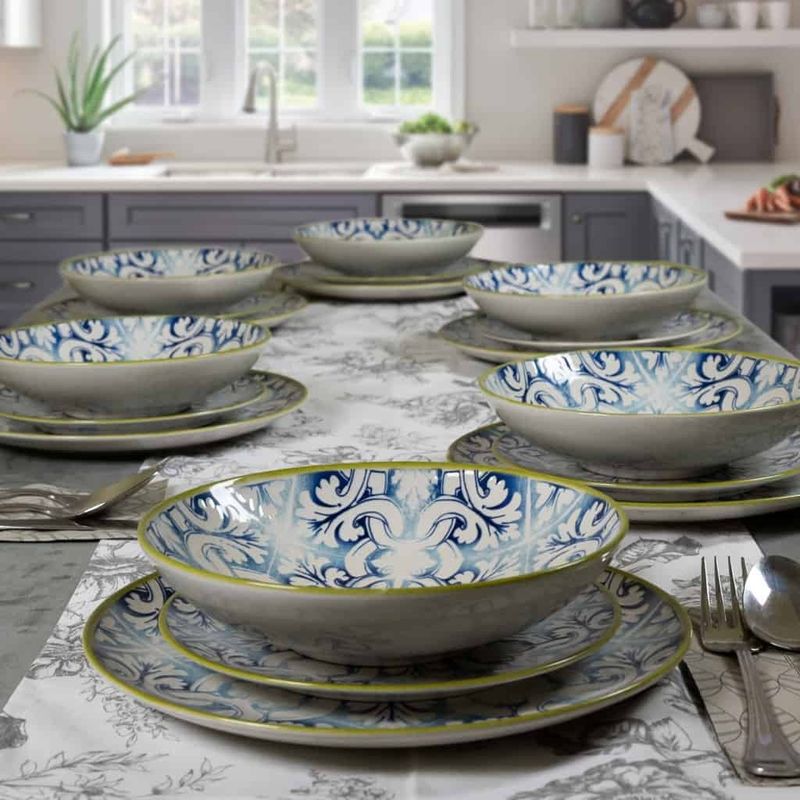 Casa si Gradina - Bucatarie si vesela - Vesela si tacamuri - Servicii de masa - Set farfurii 18 piese, pentru 6 persoane,  Marocco, Cesiro, Alb Ivoire cu albastru - Infinity.ro