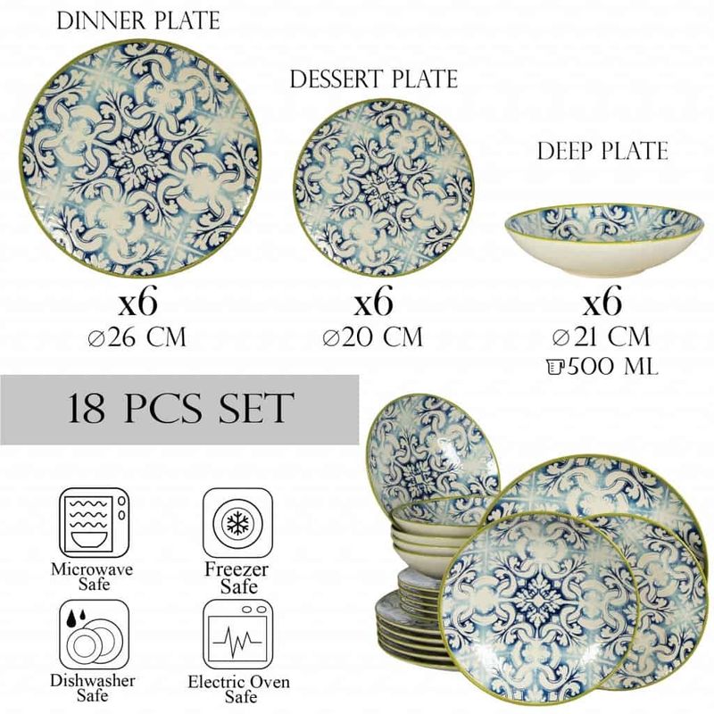 Casa si Gradina - Bucatarie si vesela - Vesela si tacamuri - Servicii de masa - Set farfurii 18 piese, pentru 6 persoane,  Marocco, Cesiro, Alb Ivoire cu albastru - Infinity.ro