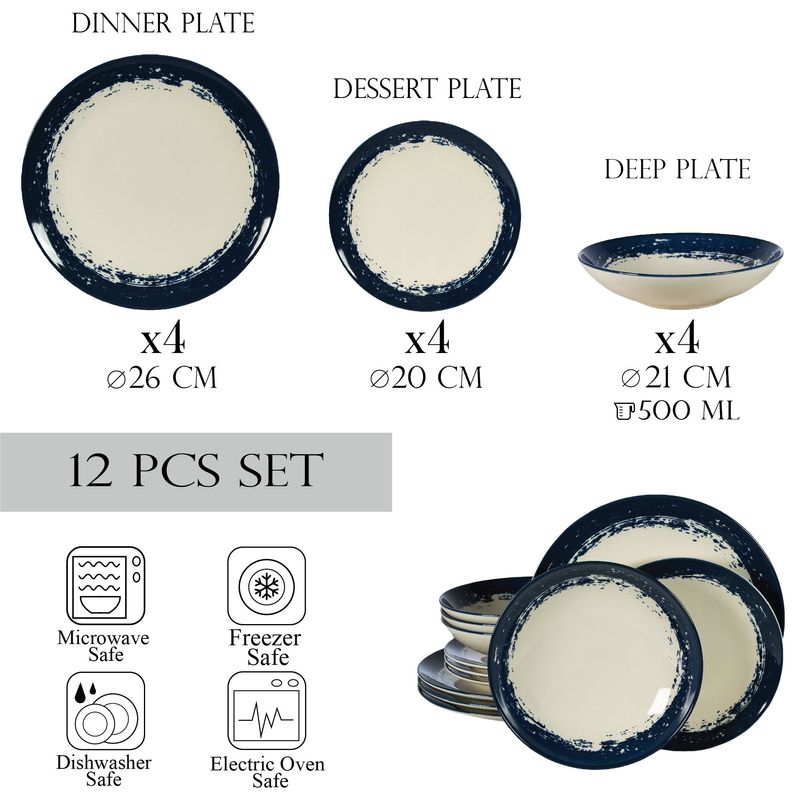 Casa si Gradina - Bucatarie si vesela - Vesela si tacamuri - Servicii de masa - Set farfurii 12 piese, pentru 4 persoane, Maritim, Cesiro, Alb Ivoire cu bluemarin - Infinity.ro