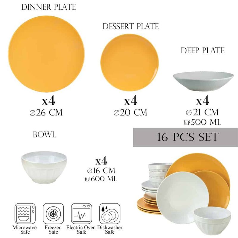 Casa si Gradina - Bucatarie si vesela - Vesela si tacamuri - Servicii de masa - Set farfurii 16 piese, pentru 4 persoane, Summer, Cesiro, Alb/Galben Rumen - Infinity.ro