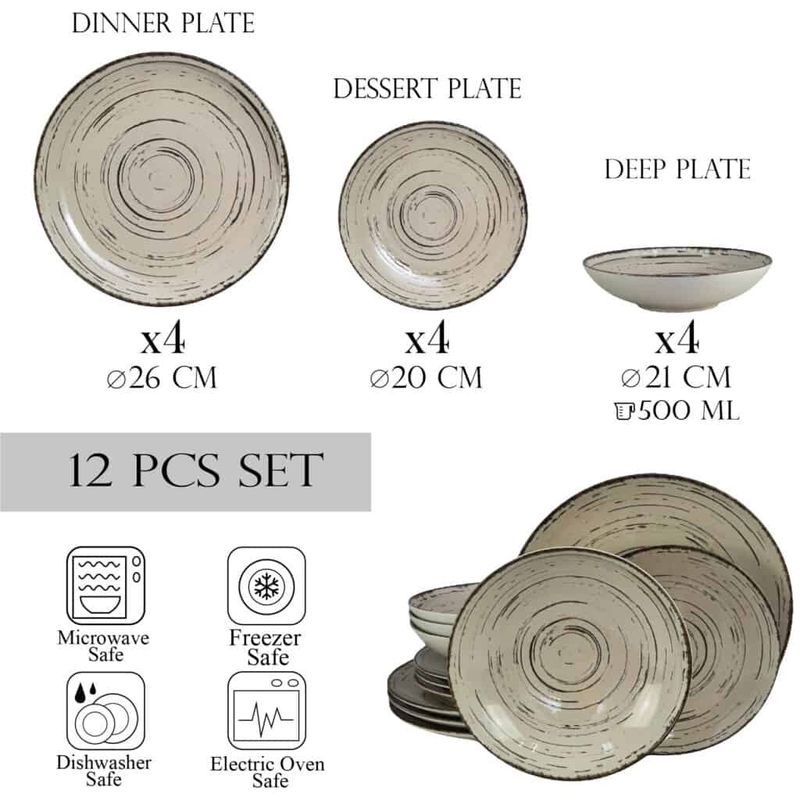 Casa si Gradina - Bucatarie si vesela - Vesela si tacamuri - Servicii de masa - Set farfurii 12 piese, pentru 4 persoane, Stone, Cesiro, Alb Ivoire cu negru - Infinity.ro