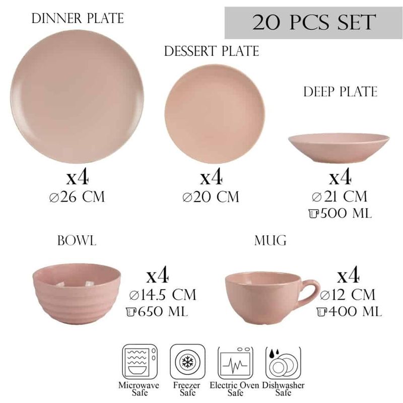 Casa si Gradina - Bucatarie si vesela - Vesela si tacamuri - Servicii de masa - Set farfurii 20 piese, pentru 4 persoane, Pastel Pink, Cesiro, Roz Mat si Roz Lucios - Infinity.ro