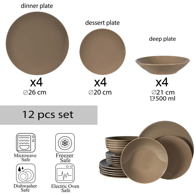 Casa si Gradina - Bucatarie si vesela - Vesela si tacamuri - Servicii de masa - Set farfurii 12 piese, pentru 4 persoane, Coffee Brown, Cesiro, Maro Lucios - Infinity.ro