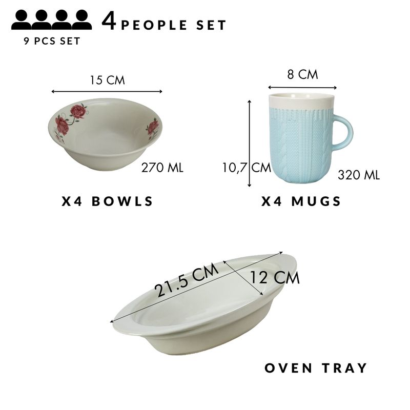 Casa si Gradina - Bucatarie si vesela - Vesela si tacamuri - Servicii de masa - Vesela completa, 4 persoane, 9 piese, cana albastra, bol, tava termorezistenta, Portelan decorat cu Trandafiri roz - Infinity.ro