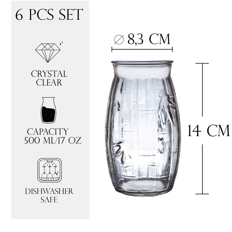 Casa si Gradina - Bucatarie si vesela - Cani si pahare - Pahare - Set 6 pahare din sticla decorate in relief cu frunze de 500 ml, Cesiro - Infinity.ro