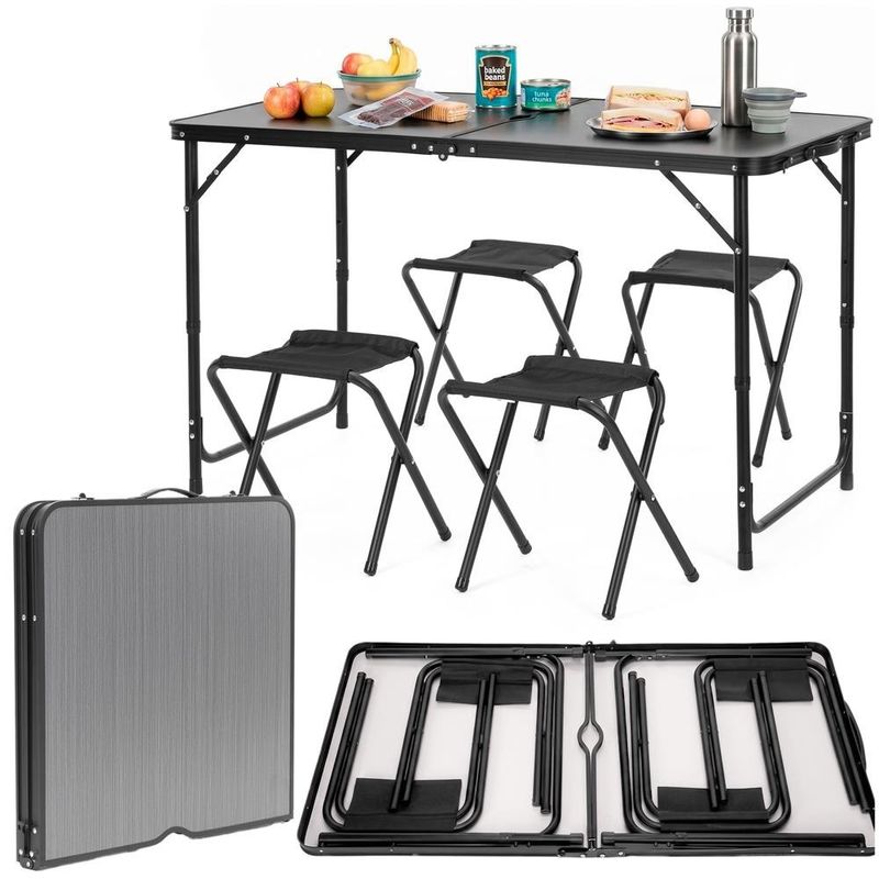 Sport si Outdoor - Camping - Mobilier pentru camping - Mese camping - Set masa pliabila de camping cu 4 scaune, inaltime reglabila, aluminiu si MDF, 120x60x71 cm, negru - Infinity.ro