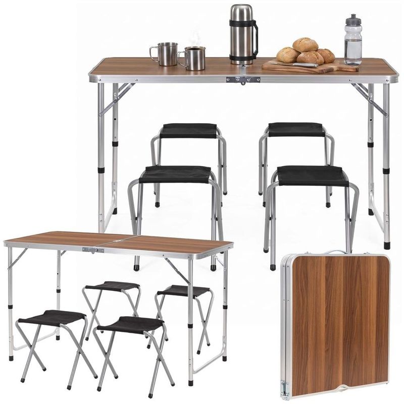 Sport si Outdoor - Camping - Mobilier pentru camping - Mese camping - Set masa pliabila de camping cu 4 scaune, inaltime reglabila, aluminiu si MDF, 120x60x71 cm, maro si argintiu - Infinity.ro