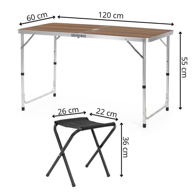 Sport si Outdoor - Camping - Mobilier pentru camping - Mese camping - Set masa pliabila de camping cu 4 scaune, inaltime reglabila, aluminiu si MDF, 120x60x71 cm, maro si argintiu - Infinity.ro