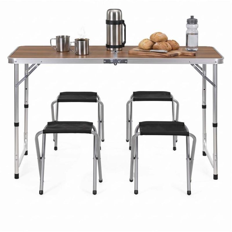 Sport si Outdoor - Camping - Mobilier pentru camping - Mese camping - Set masa pliabila de camping cu 4 scaune, inaltime reglabila, aluminiu si MDF, 120x60x71 cm, maro si argintiu - Infinity.ro