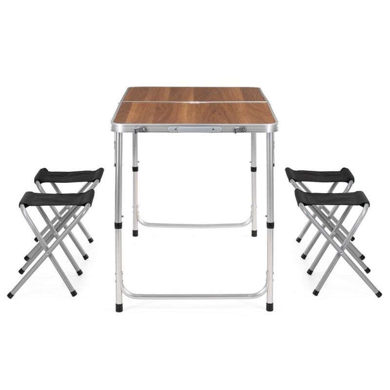 Sport si Outdoor - Camping - Mobilier pentru camping - Mese camping - Set masa pliabila de camping cu 4 scaune, inaltime reglabila, aluminiu si MDF, 120x60x71 cm, maro si argintiu - Infinity.ro