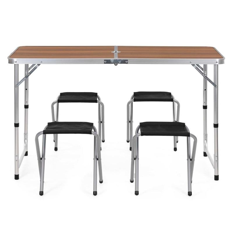 Sport si Outdoor - Camping - Mobilier pentru camping - Mese camping - Set masa pliabila de camping cu 4 scaune, inaltime reglabila, aluminiu si MDF, 120x60x71 cm, maro si argintiu - Infinity.ro