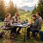 Sport si Outdoor - Camping - Mobilier pentru camping - Mese camping - Set masa pliabila de camping cu 4 scaune, inaltime reglabila, aluminiu si MDF, 120x60x71 cm, negru - Infinity.ro