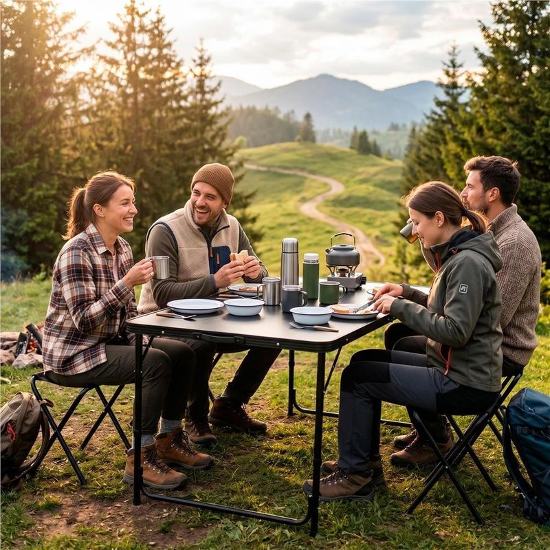Sport si Outdoor - Camping - Mobilier pentru camping - Mese camping - Set masa pliabila de camping cu 4 scaune, inaltime reglabila, aluminiu si MDF, 120x60x71 cm, negru - Infinity.ro