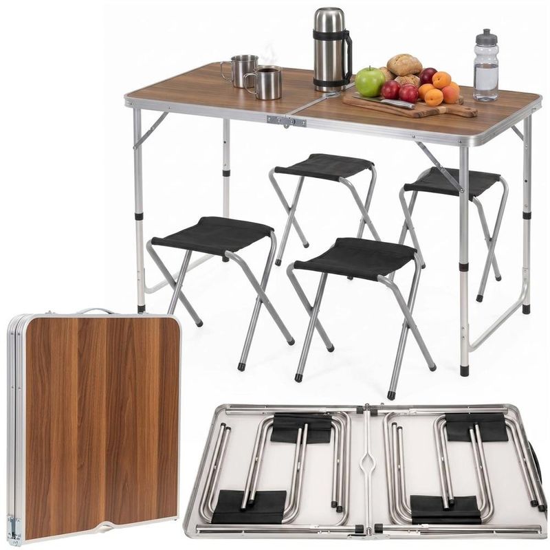 Sport si Outdoor - Camping - Mobilier pentru camping - Mese camping - Set masa pliabila de camping cu 4 scaune, inaltime reglabila, aluminiu si MDF, 120x60x71 cm, maro si argintiu - Infinity.ro